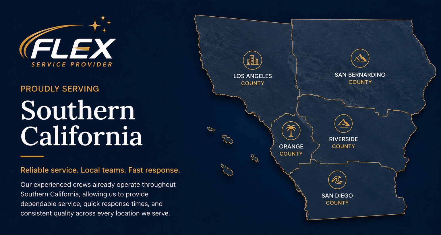 FLEX Southern California service area: Los Angeles, Orange, San Bernardino, Riverside and San Diego Counties